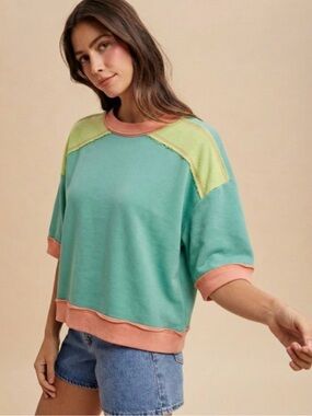 Anniewear  Mint & Peach Colorblock Short-Sleeve Sweatshirt